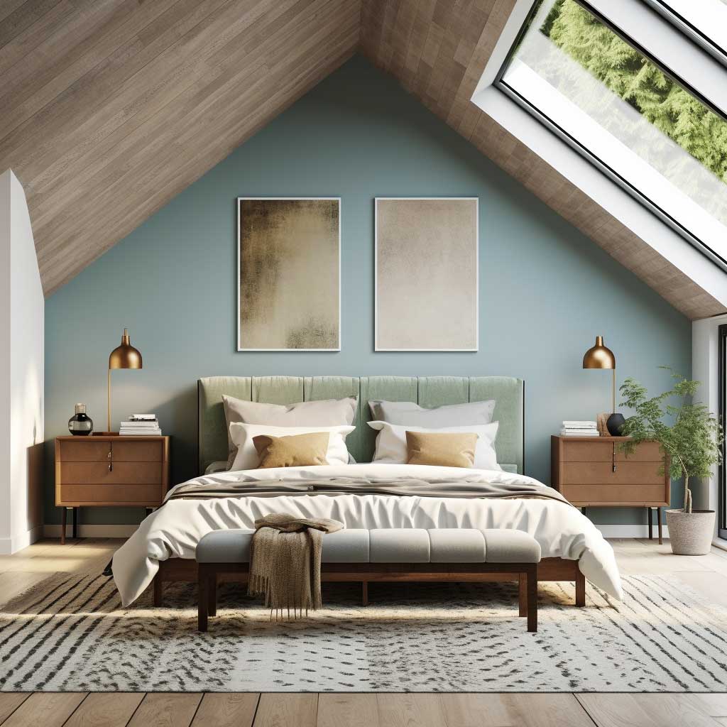 A serene loft type bedroom featuring a minimalist design with clean lines and a calming color palette.