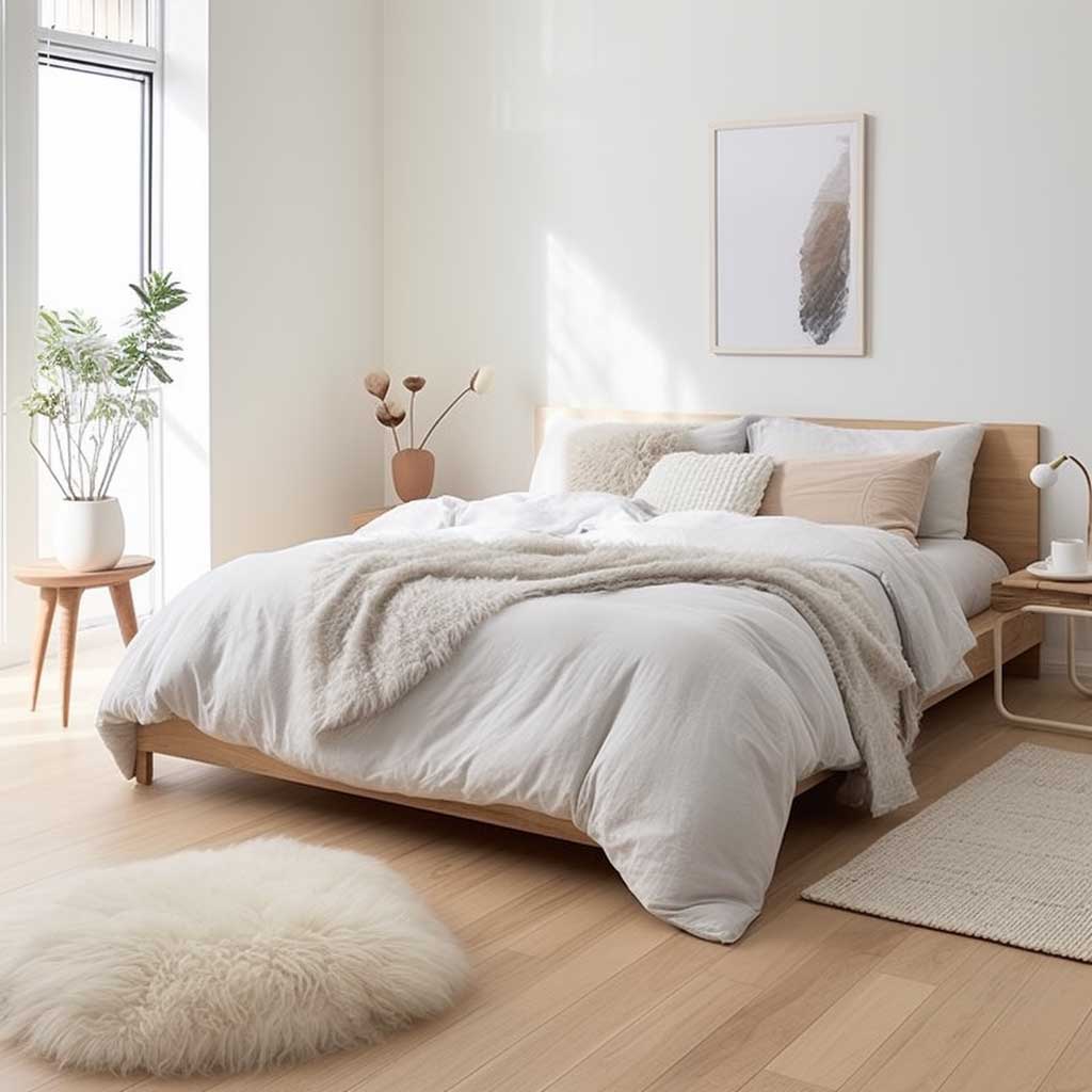 A Scandinavian inspired minimalist bedroom with a soothing colour palette, clean lines, and natural elements.