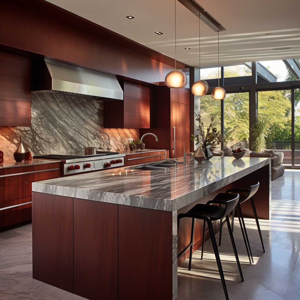 A refined, elegantly designed modern kitchen featuring cherry cabinets and a marble countertop.