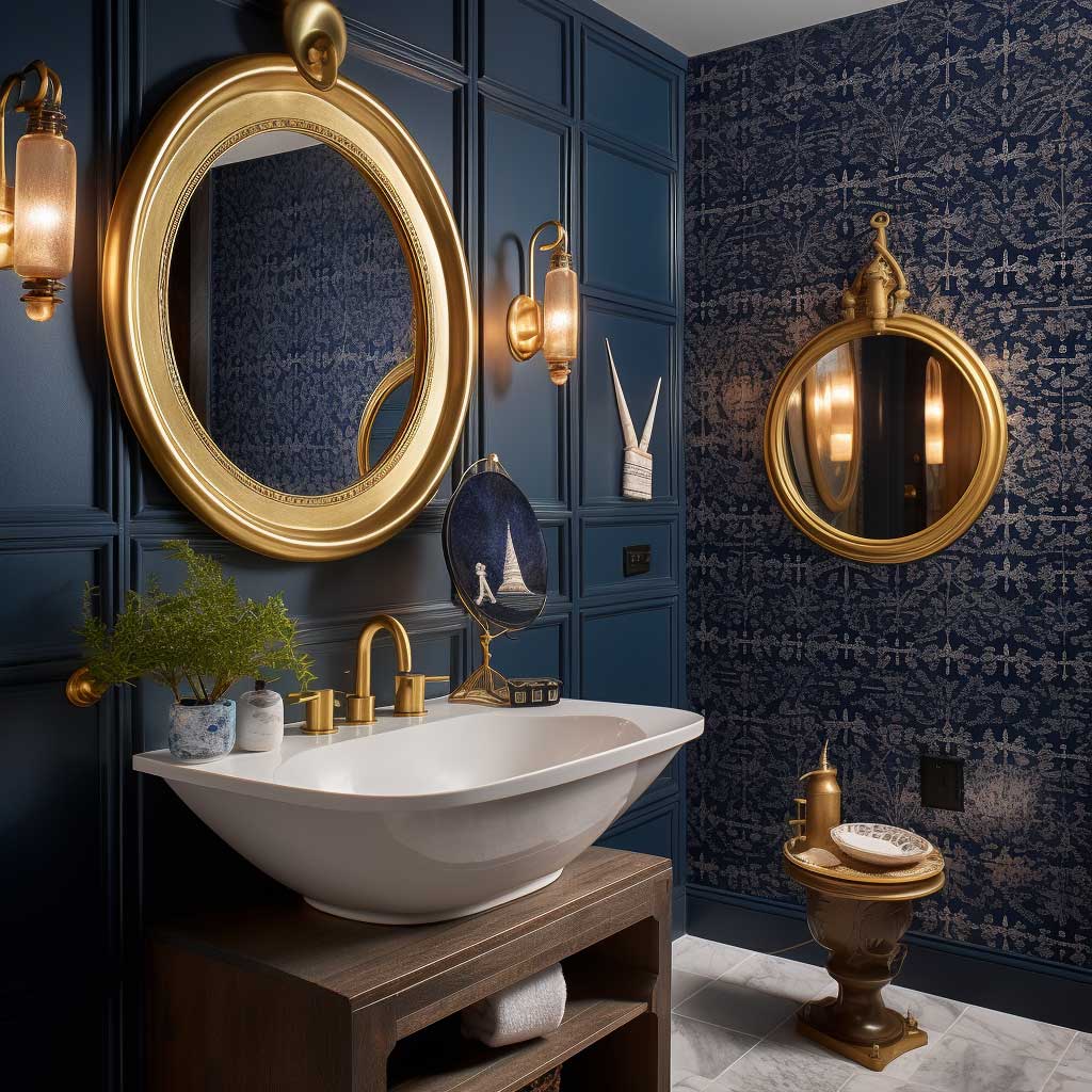 A photograph portraying a navy blue bathroom with nautical-themed décor, including a ship-inspired mirror, wave-patterned wallpaper, and brass fixtures.