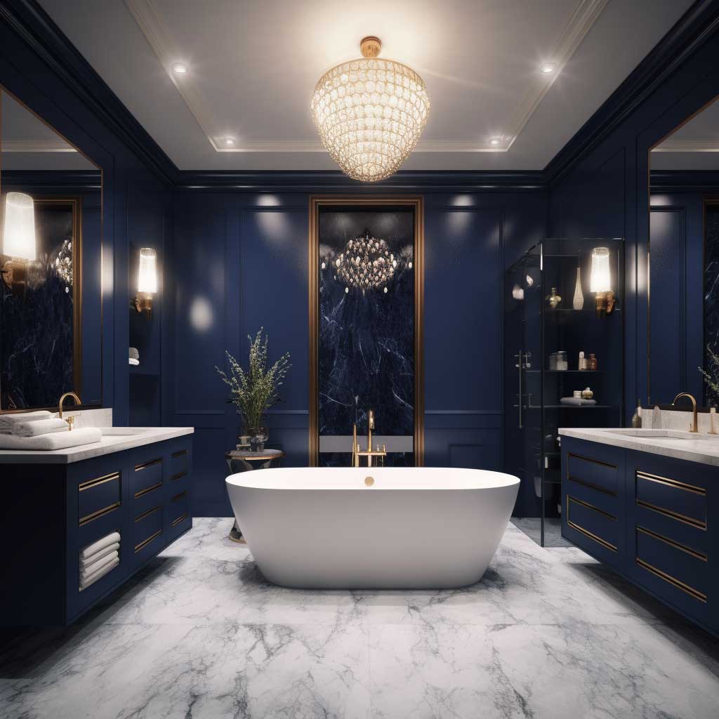 An image capturing a luxurious modern navy blue bathroom featuring a freestanding tub, double vanity, and walk-in shower, all accentuated by subtle, ambient lighting.