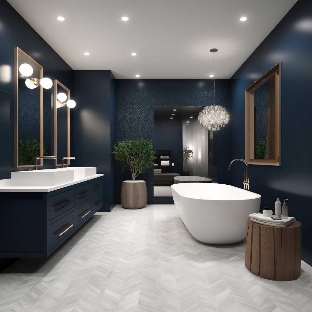 An image capturing a luxurious modern navy blue bathroom featuring a freestanding tub, double vanity, and walk-in shower, all accentuated by subtle, ambient lighting.