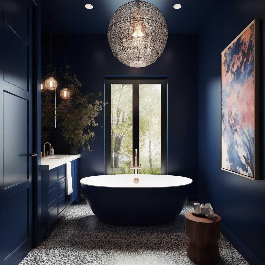 An image showcasing a modern navy blue bathroom with a touch of artistic expression, featuring a wall mural, sculptural freestanding tub, and glass pendant lights.