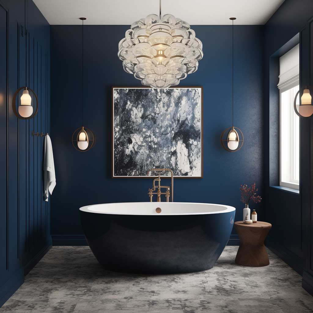 An image showcasing a modern navy blue bathroom with a touch of artistic expression, featuring a wall mural, sculptural freestanding tub, and glass pendant lights.