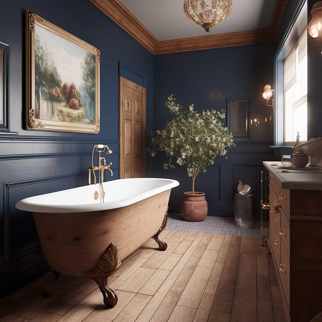 A photo showcasing a modern navy blue bathroom, blended with vintage elements including a clawfoot tub, brass fixtures, and an antique wooden vanity.