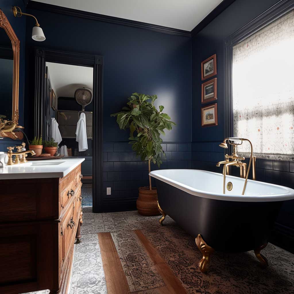 A photo showcasing a modern navy blue bathroom, blended with vintage elements including a clawfoot tub, brass fixtures, and an antique wooden vanity.