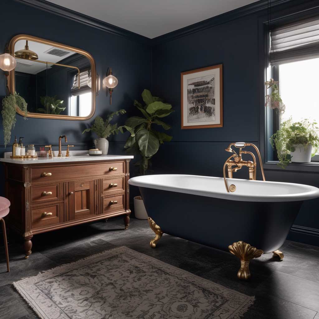 A photo showcasing a modern navy blue bathroom, blended with vintage elements including a clawfoot tub, brass fixtures, and an antique wooden vanity.