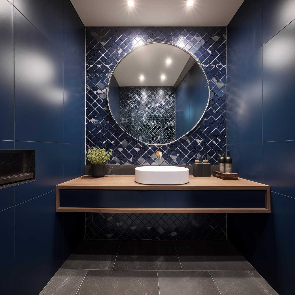 A photograph depicting a bold, modern navy blue bathroom, highlighted by a monolithic sink, geometrically patterned tiles, and a frameless mirror.