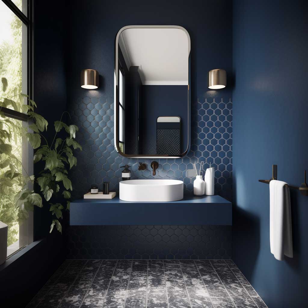 A photograph depicting a bold, modern navy blue bathroom, highlighted by a monolithic sink, geometrically patterned tiles, and a frameless mirror.