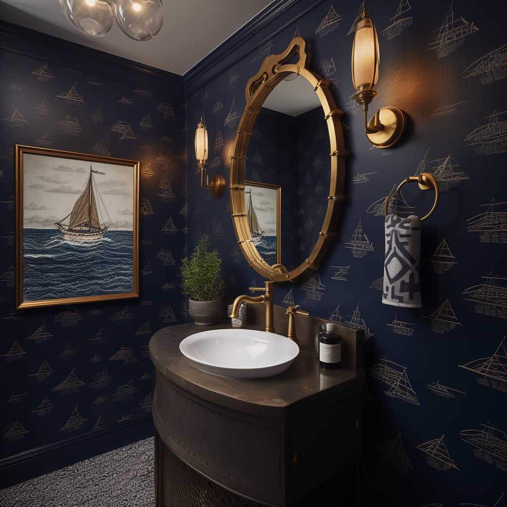 A photograph portraying a navy blue bathroom with nautical-themed décor, including a ship-inspired mirror, wave-patterned wallpaper, and brass fixtures.