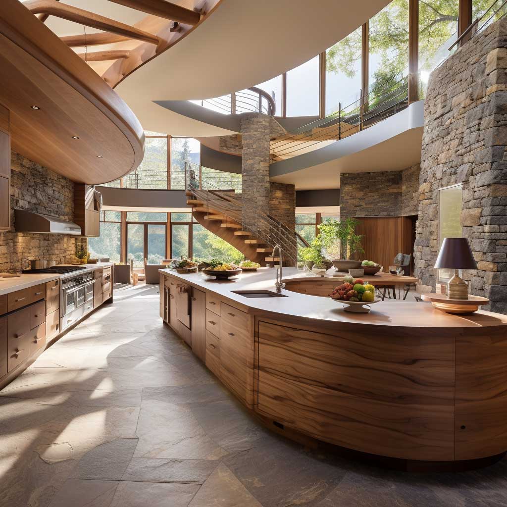 A spacious kitchen highlighting the beauty of wood and stone in an organic modern design.
