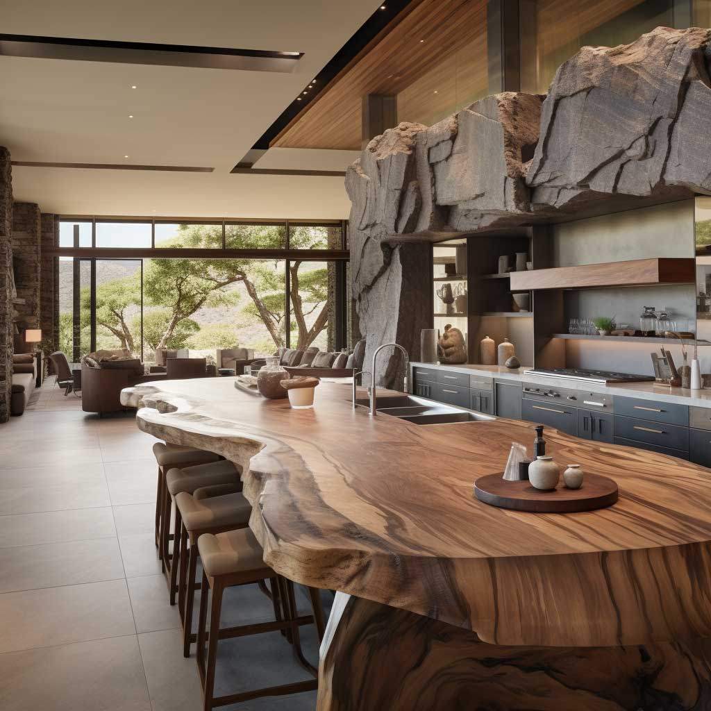 A spacious kitchen highlighting the beauty of wood and stone in an organic modern design.