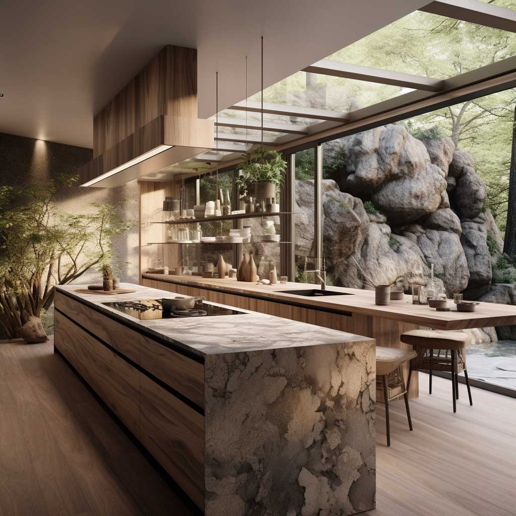A serene, modern kitchen featuring organic materials and a connection to the natural environment.
