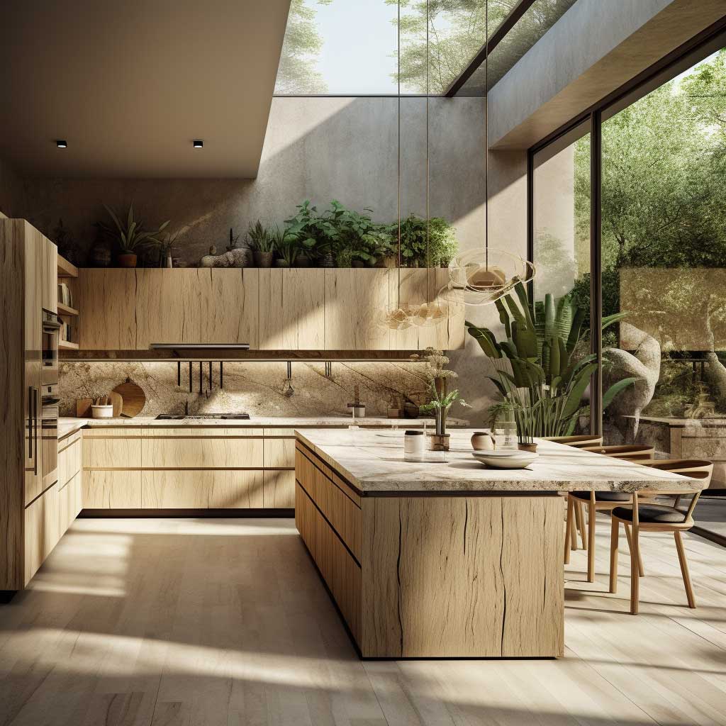A serene, modern kitchen featuring organic materials and a connection to the natural environment.