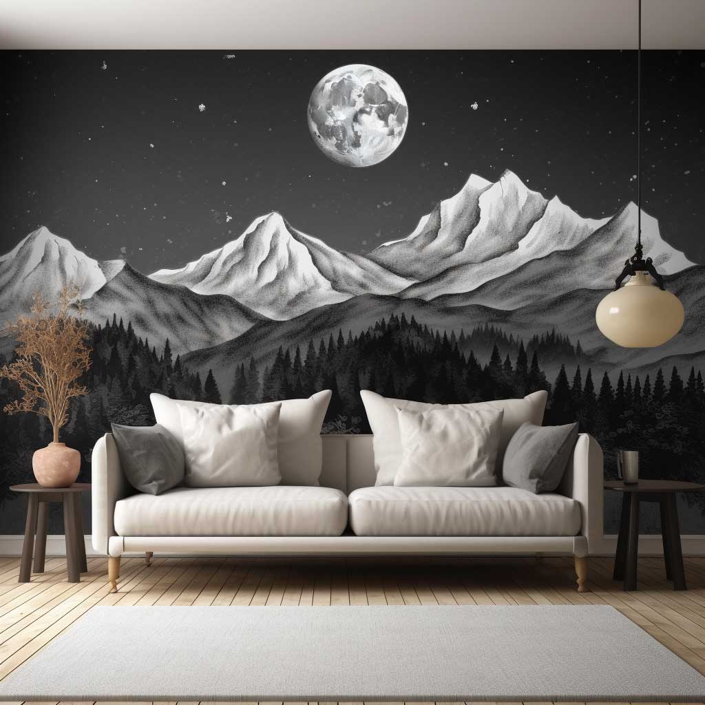 A black and white outdoor wall mural offering a dramatic, monochrome representation of a classic landscape, portraying mountains under a star-studded sky.