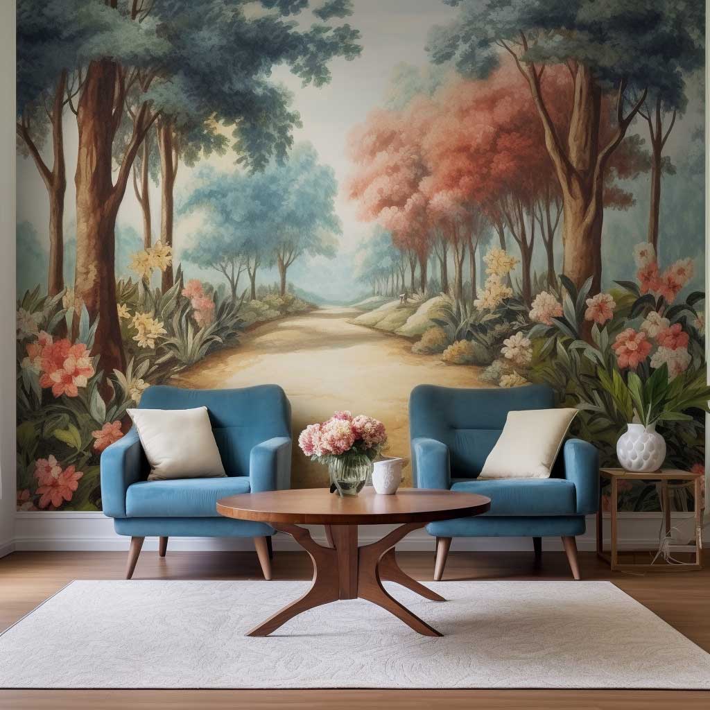 An outdoor wall mural depicting a serene forest scene, with tall trees stretching towards a clear blue sky and a carpet of flowers blooming at their feet.
