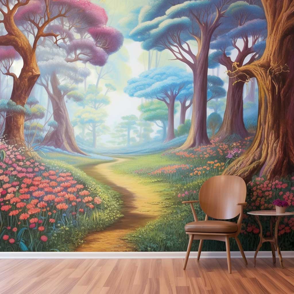 An outdoor wall mural depicting a serene forest scene, with tall trees stretching towards a clear blue sky and a carpet of flowers blooming at their feet.