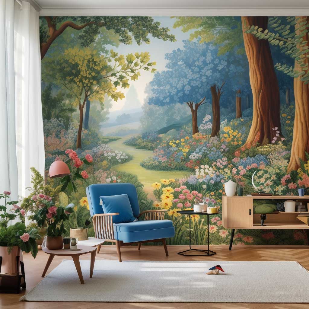 An outdoor wall mural depicting a serene forest scene, with tall trees stretching towards a clear blue sky and a carpet of flowers blooming at their feet.