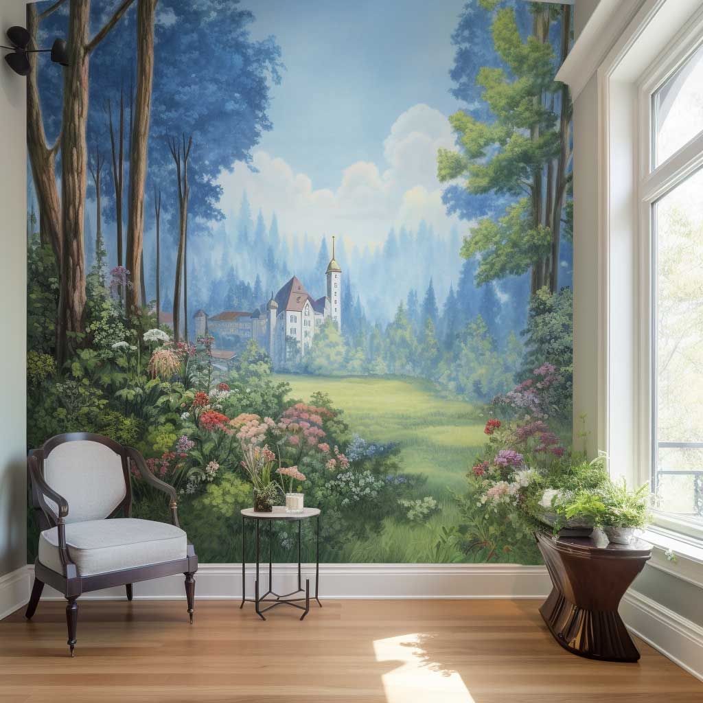An outdoor wall mural depicting a serene forest scene, with tall trees stretching towards a clear blue sky and a carpet of flowers blooming at their feet.