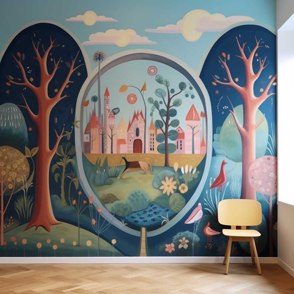 An outdoor wall mural showcasing a playful design featuring whimsical creatures and fairy-tale motifs, creating a sense of nostalgia and innocence.