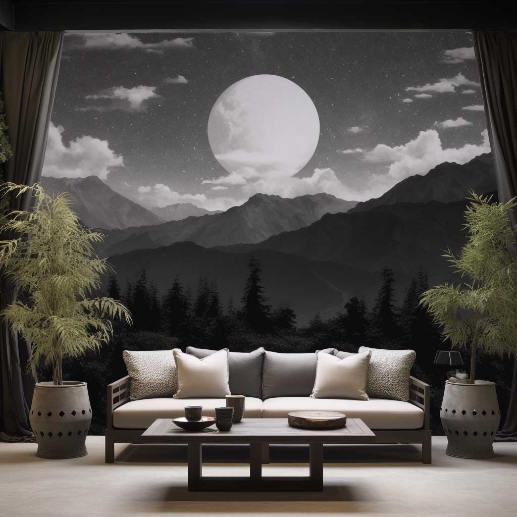 A black and white outdoor wall mural offering a dramatic, monochrome representation of a classic landscape, portraying mountains under a star-studded sky.