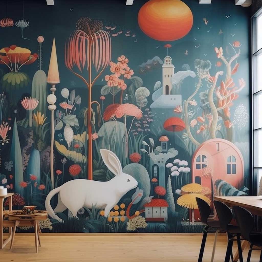 An outdoor wall mural showcasing a playful design featuring whimsical creatures and fairy-tale motifs, creating a sense of nostalgia and innocence.