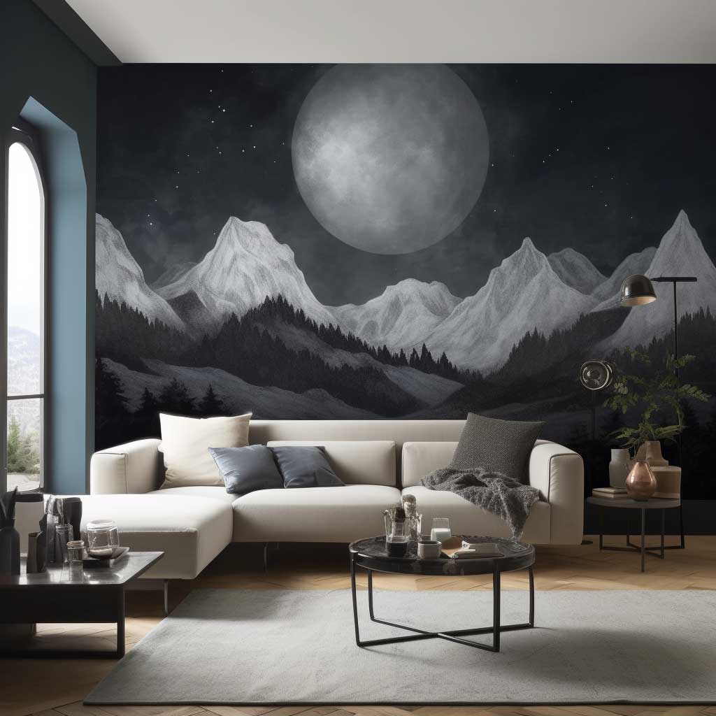 A black and white outdoor wall mural offering a dramatic, monochrome representation of a classic landscape, portraying mountains under a star-studded sky.