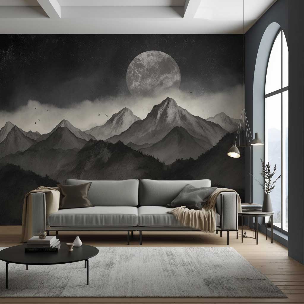 A black and white outdoor wall mural offering a dramatic, monochrome representation of a classic landscape, portraying mountains under a star-studded sky.
