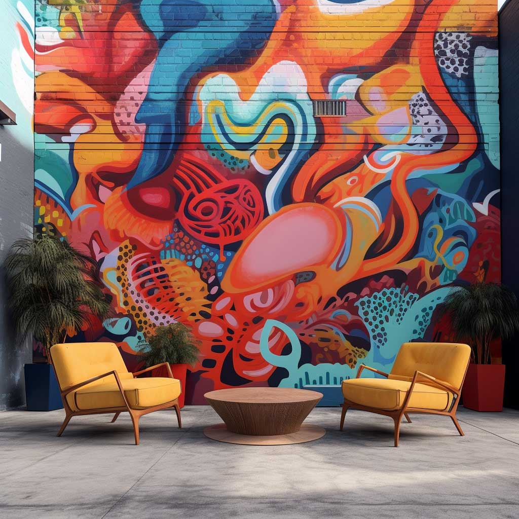 A captivating outdoor wall mural reflecting the influence of street art, with bold, vibrant graffiti covering the exterior wall.