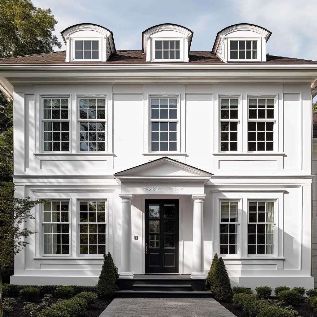 The photograph depicts a classical Colonial style house with white outdoor window trims that add a touch of tradition and elegance.