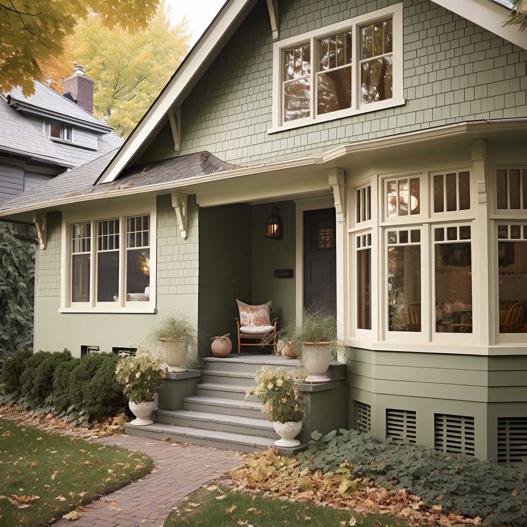 A charming house exterior painted in a popular color combination of sage green and beige.