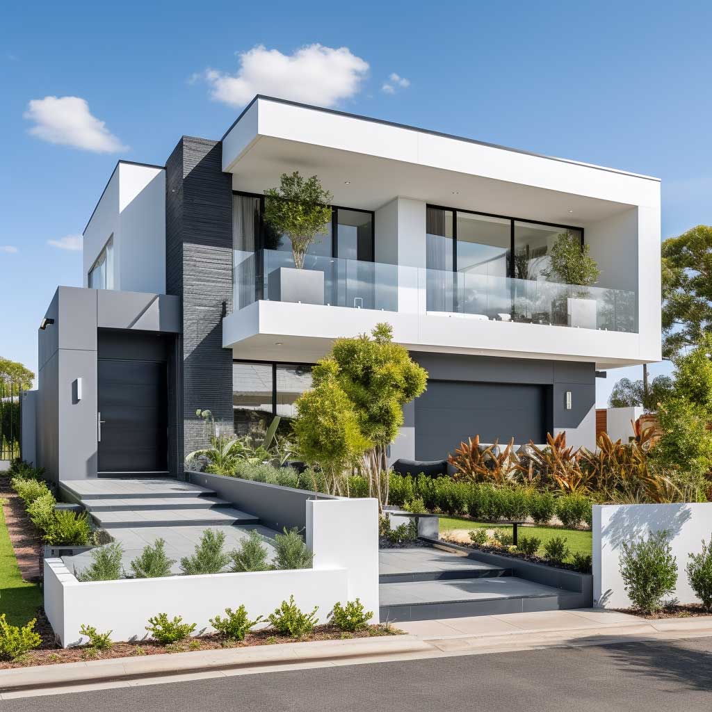 A modern house exterior featuring a popular color combination of cool grey and white.