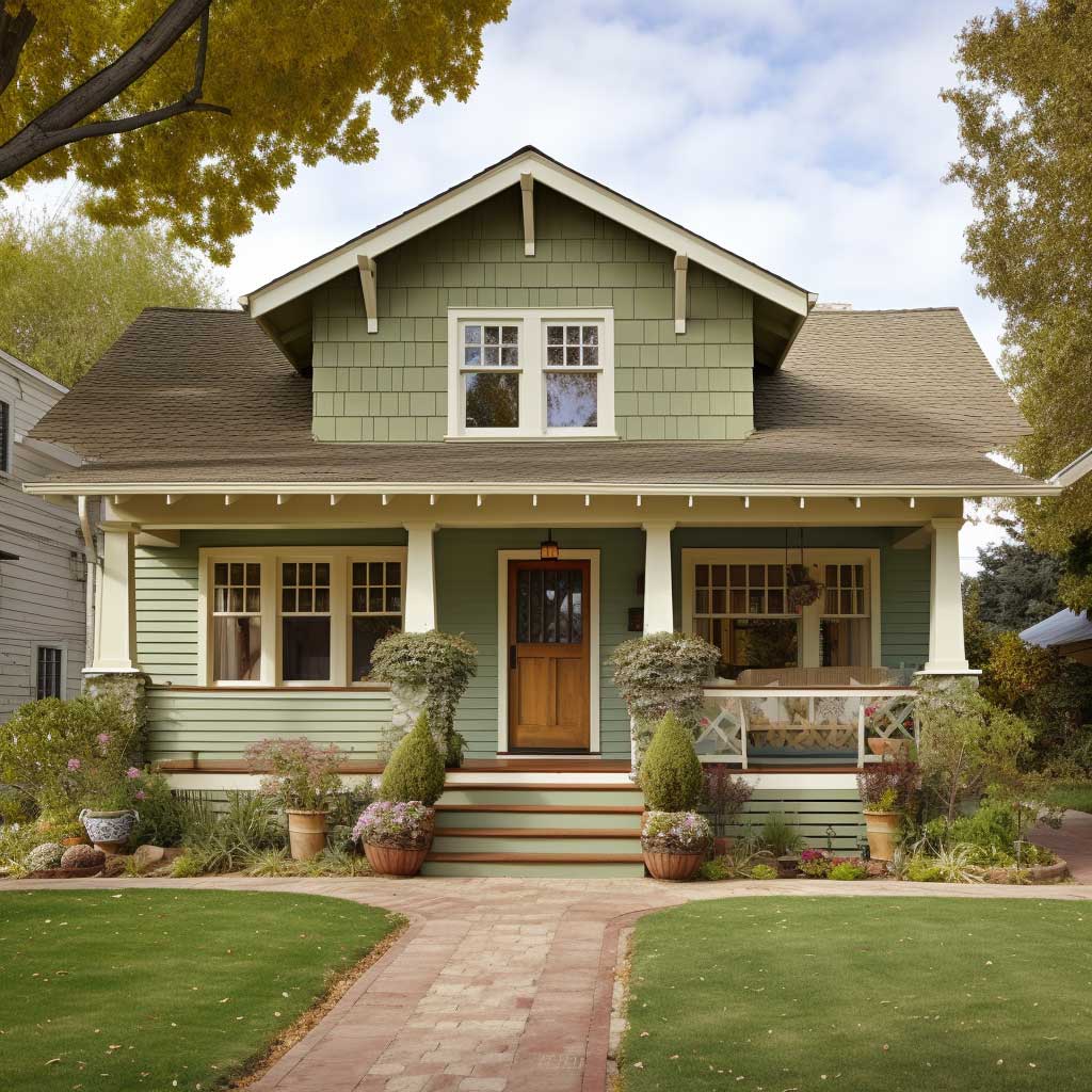 A charming house exterior painted in a popular color combination of sage green and beige.