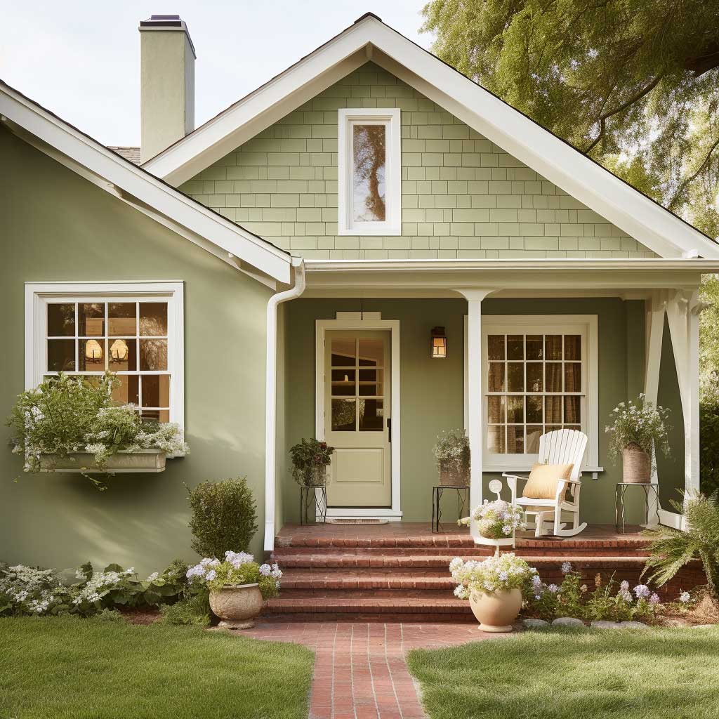 A charming house exterior painted in a popular color combination of sage green and beige.