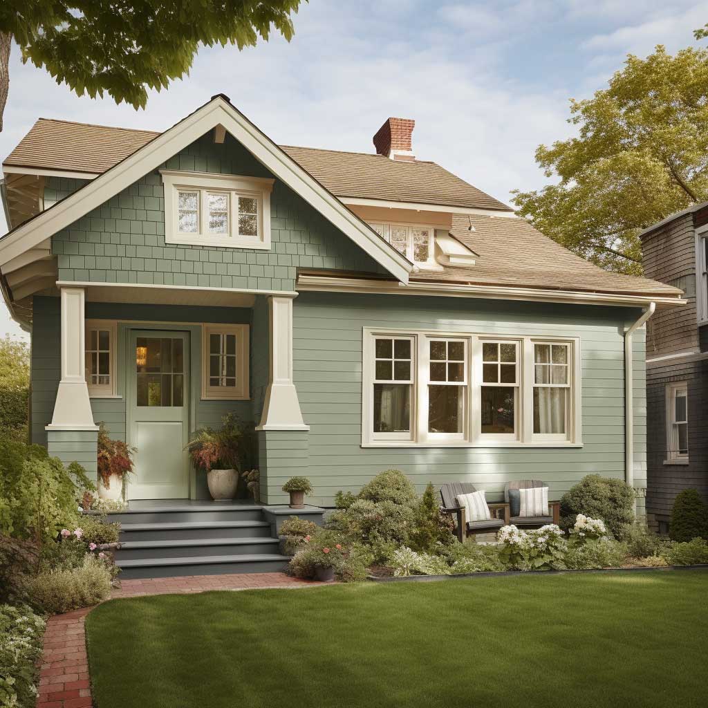 A charming house exterior painted in a popular color combination of sage green and beige.