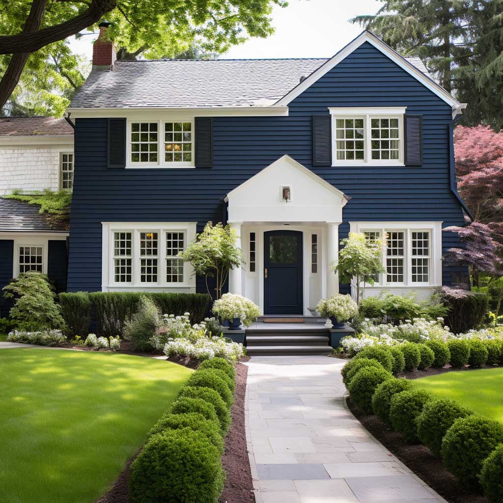 A classic house exterior painted in a popular color combination of navy blue and white.