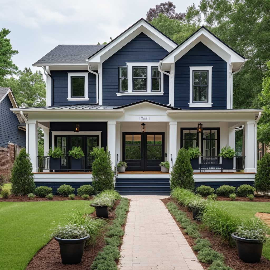 A classic house exterior painted in a popular color combination of navy blue and white.