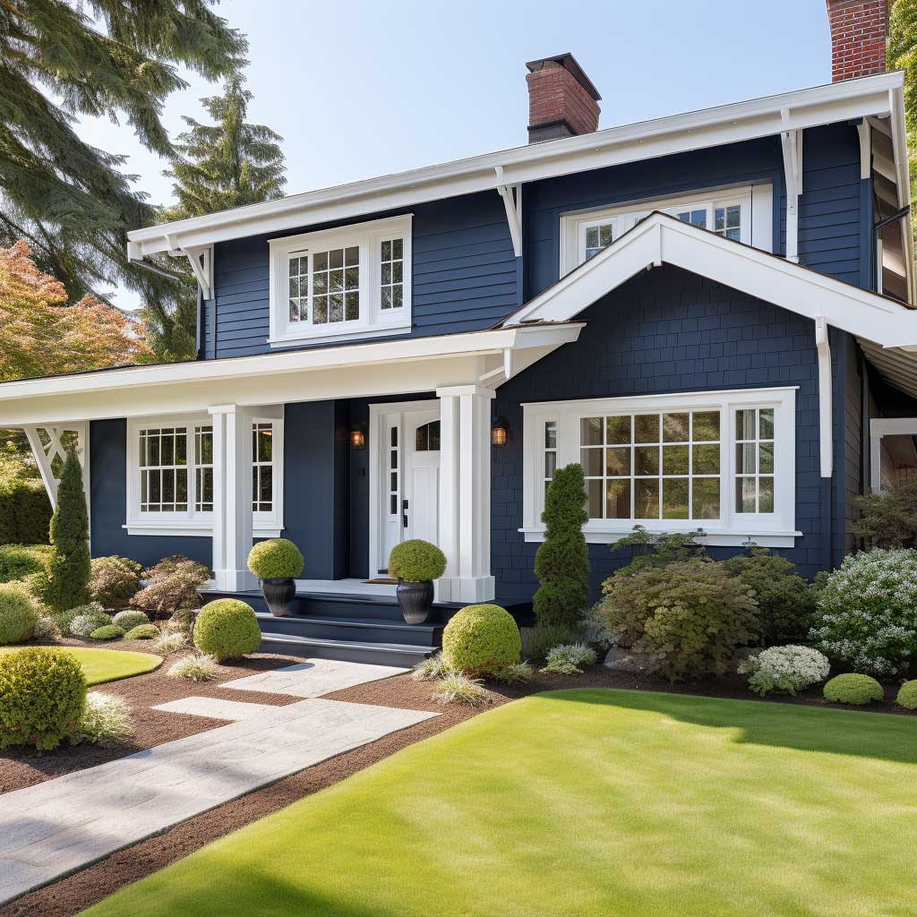 A classic house exterior painted in a popular color combination of navy blue and white.