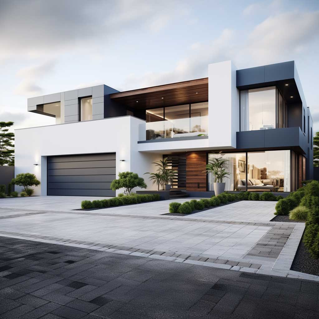 A modern house exterior featuring a popular color combination of cool grey and white.