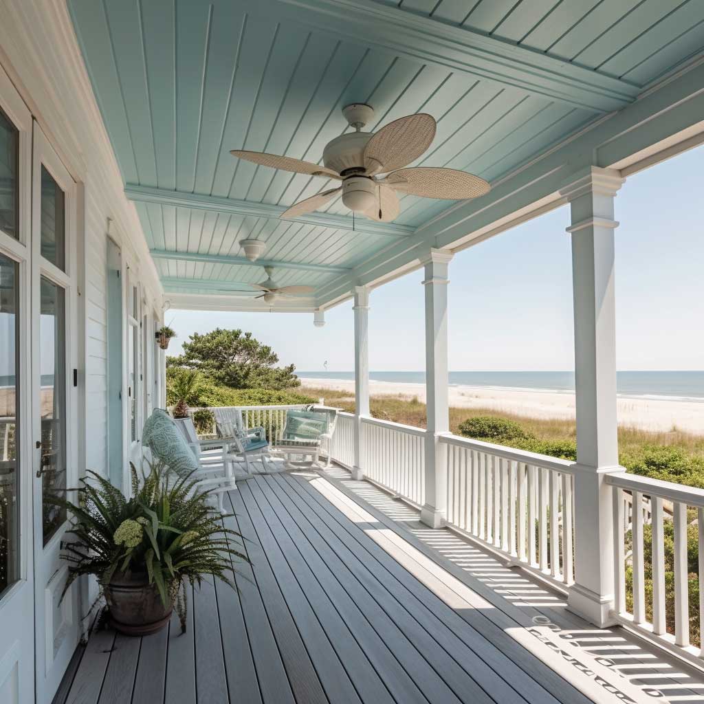 A photograph showcasing a beach-style porch with a light blue beadboard ceiling.