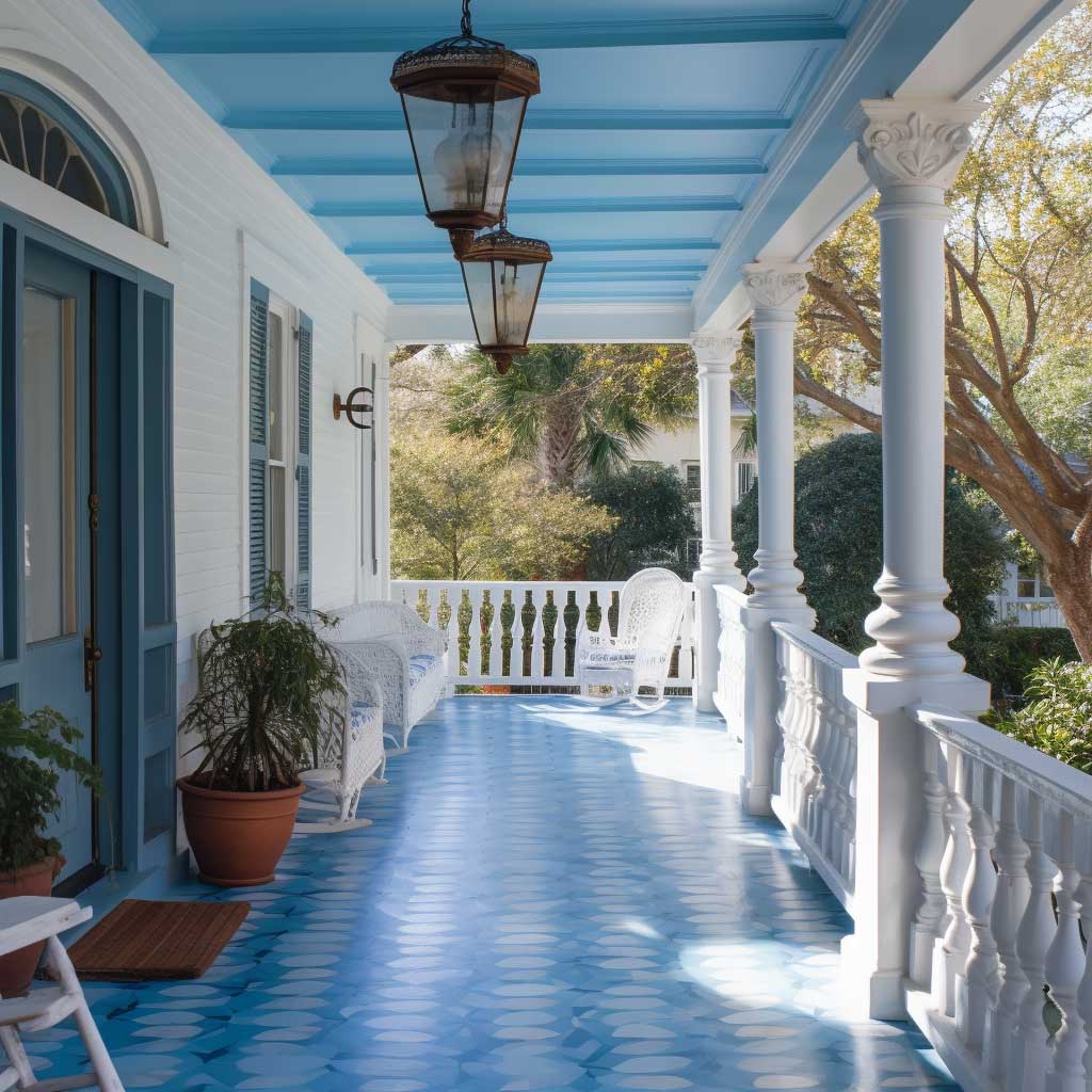 An image depicting a porch with a traditional Southern-style blue ceiling.