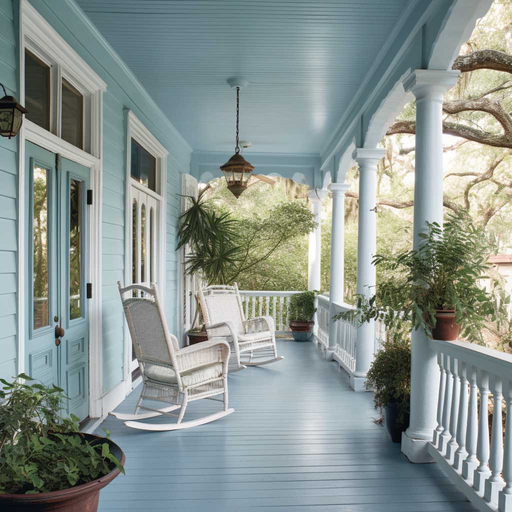 An image depicting a porch with a traditional Southern-style blue ceiling.