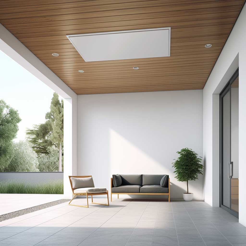 An image featuring a modern minimalist porch with a sleek white ceiling.