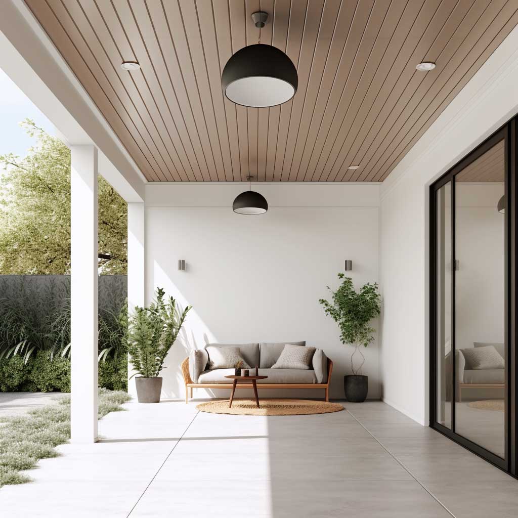 An image featuring a modern minimalist porch with a sleek white ceiling.