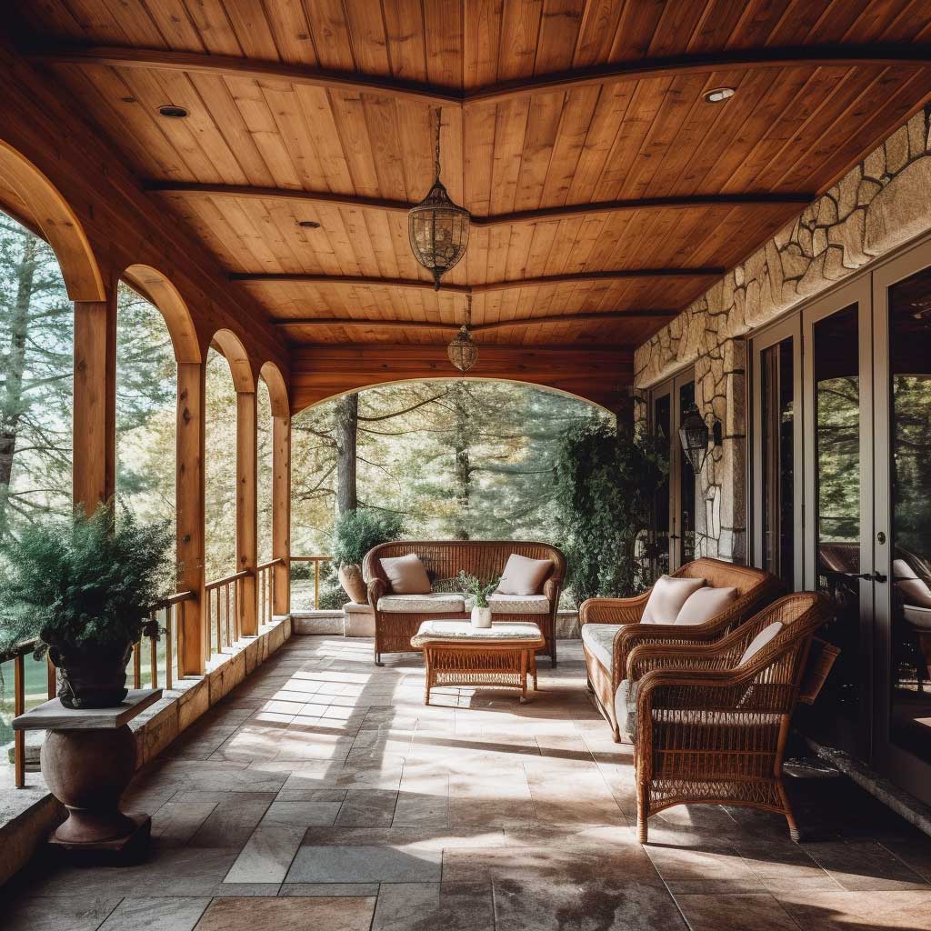 An image highlighting a rustic porch featuring a wooden plank ceiling.