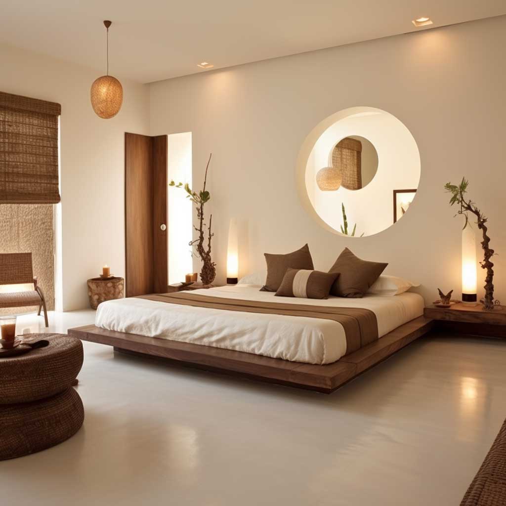 A zen-like, simple Indian bedroom design focusing on minimalism and tranquility.