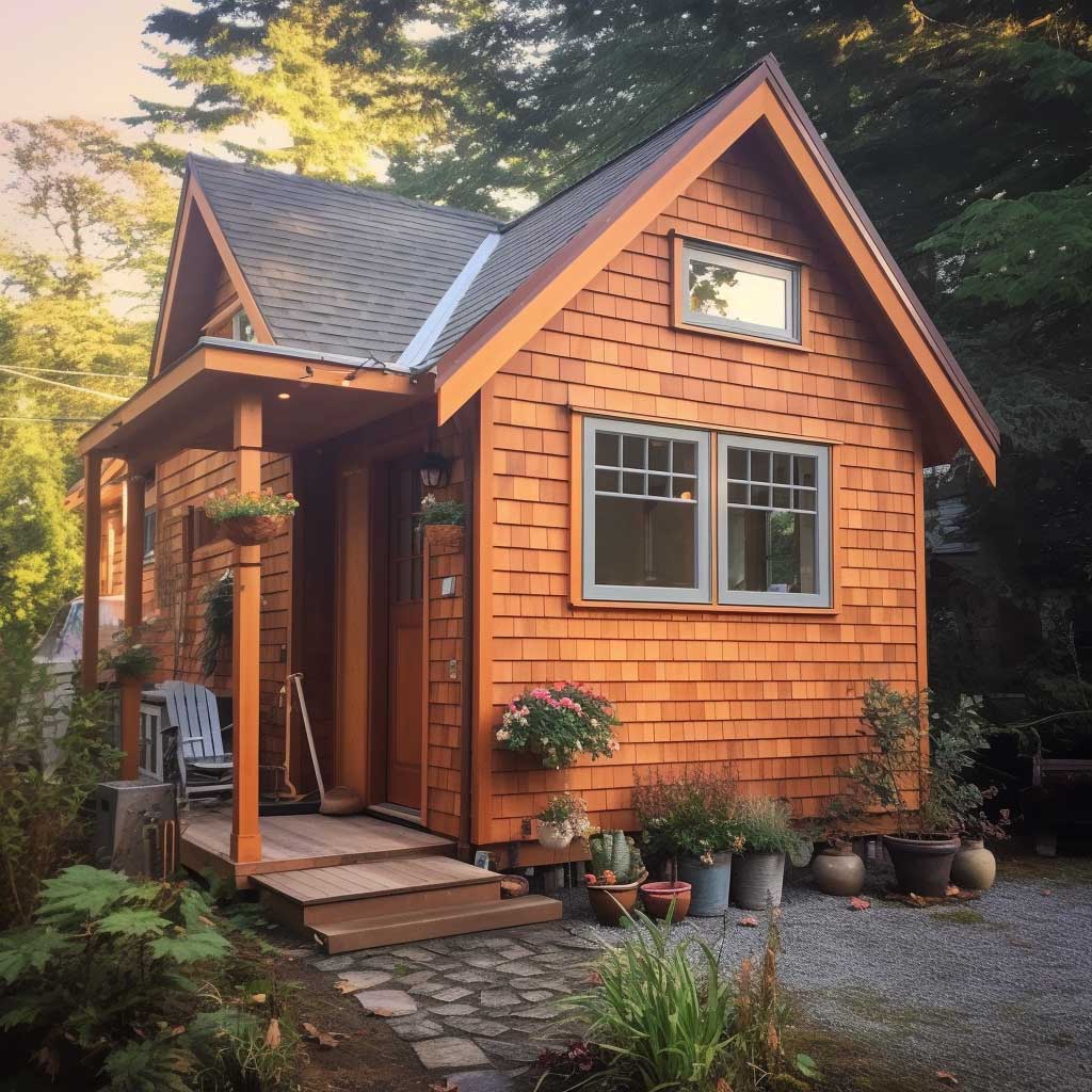 A quaint tiny house showcasing a compact yet charming exterior with cedar siding and a small front porch.
