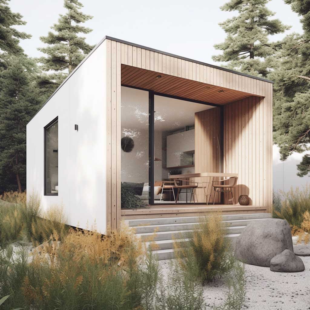 A tiny house exterior embodying Scandinavian design principles with a clean white façade, natural wood elements, and minimalist aesthetics.