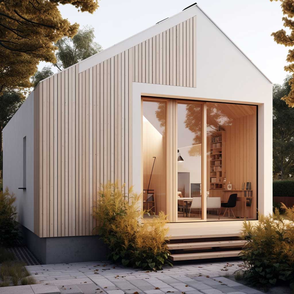 A tiny house exterior embodying Scandinavian design principles with a clean white façade, natural wood elements, and minimalist aesthetics.