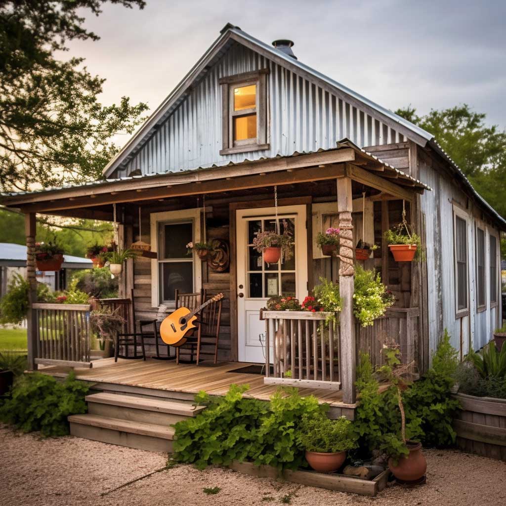 A tiny house exterior exuding rustic countryside charm with wood paneling, a tin roof, and a charming front porch.